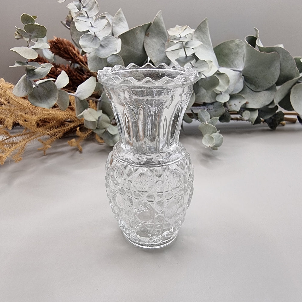 Small pressed glass vase with scalloped rim and hobnail pineapple pattern