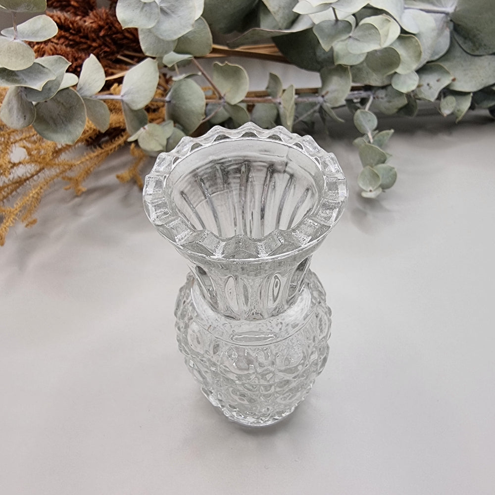 Small pressed glass vase with scalloped rim and hobnail pineapple pattern
