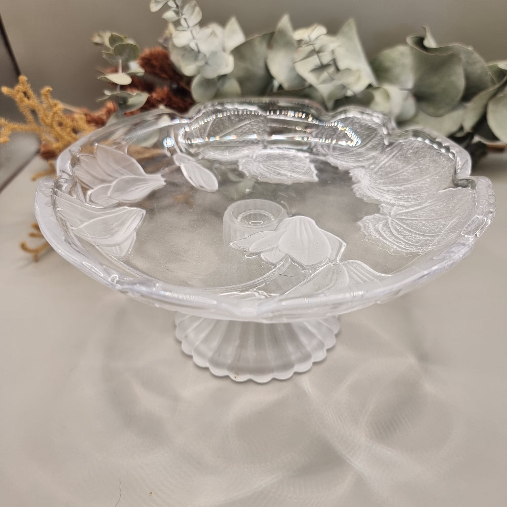 Saga Japan 7" clear & frosted glass server with floral pattern and scalloped edge.