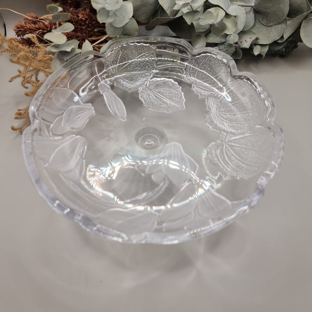 Saga Japan 7" clear & frosted glass server with floral pattern and scalloped edge.