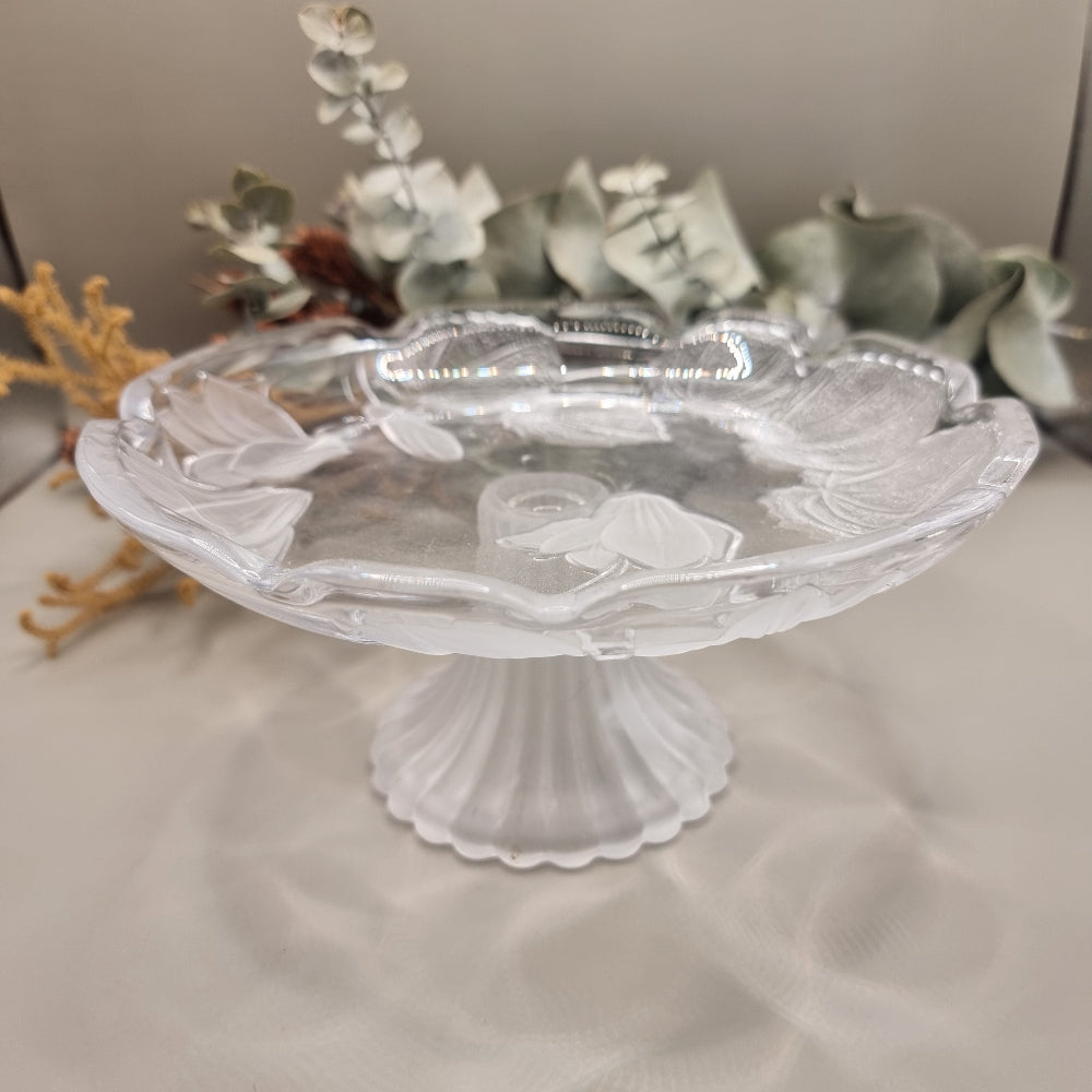 Saga Japan 7" clear & frosted glass server with floral pattern and scalloped edge.