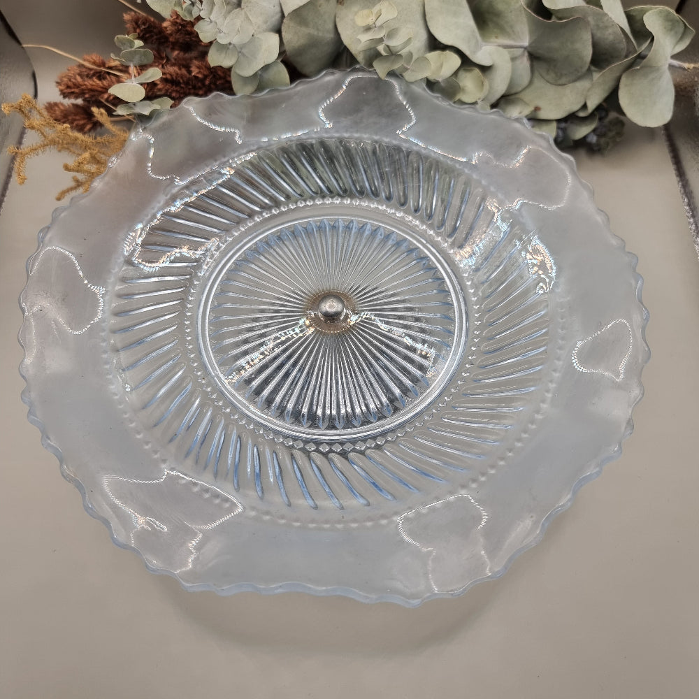 Bagley ‘Katherine’ blue glass cake stand with frosted scalloped edge and pedestal base.