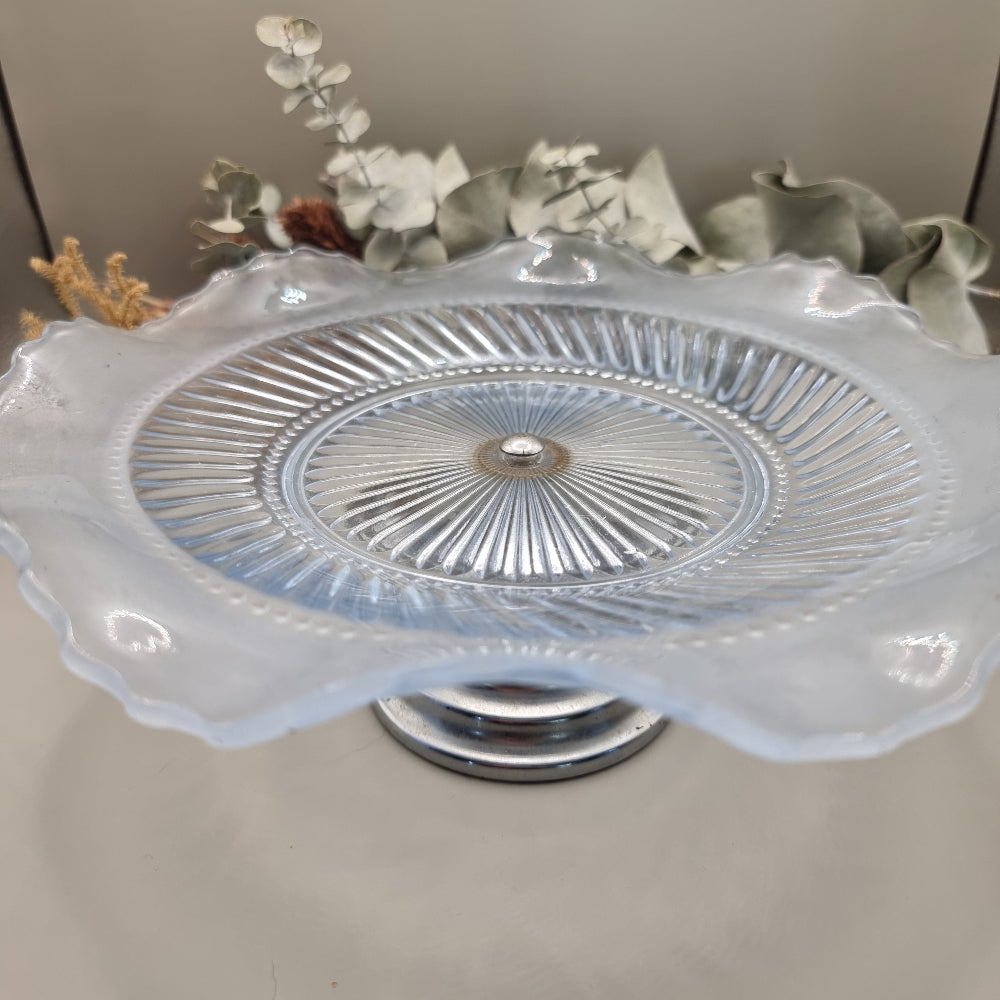 Bagley ‘Katherine’ blue glass cake stand with frosted scalloped edge and pedestal base.