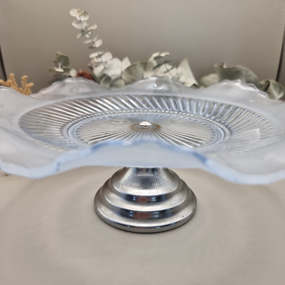 Bagley ‘Katherine’ blue glass cake stand with frosted scalloped edge and pedestal base.