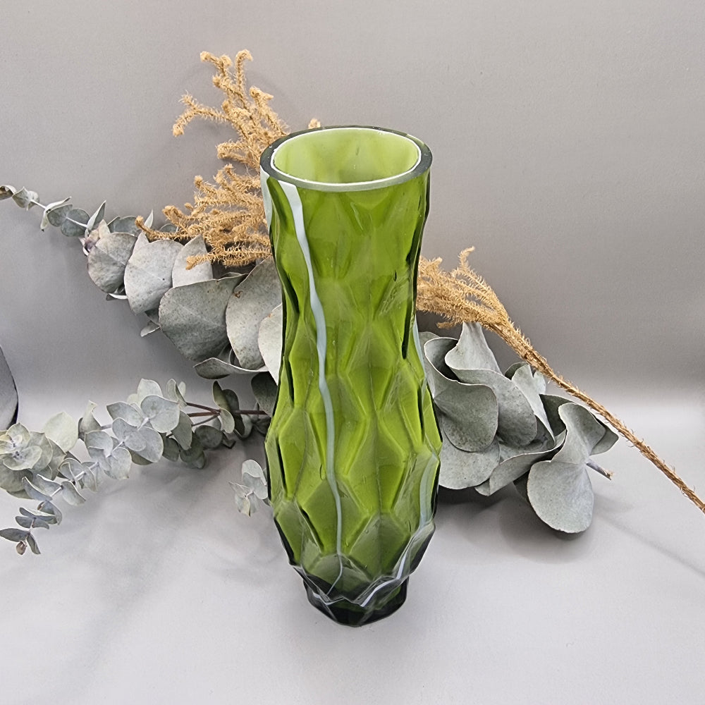 Emerald green diamond-cut vintage glass vase with textured geometric pattern