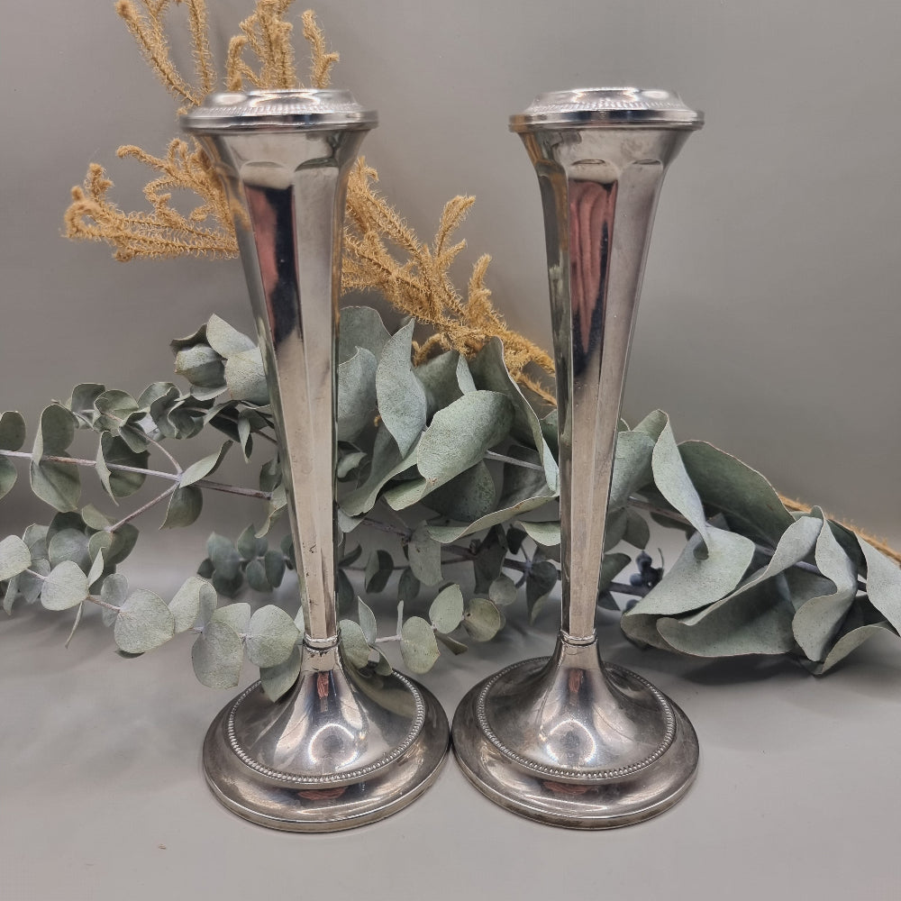 Vintage silver plated bud vase duo - octagonal shape with beaded base and flower frog top