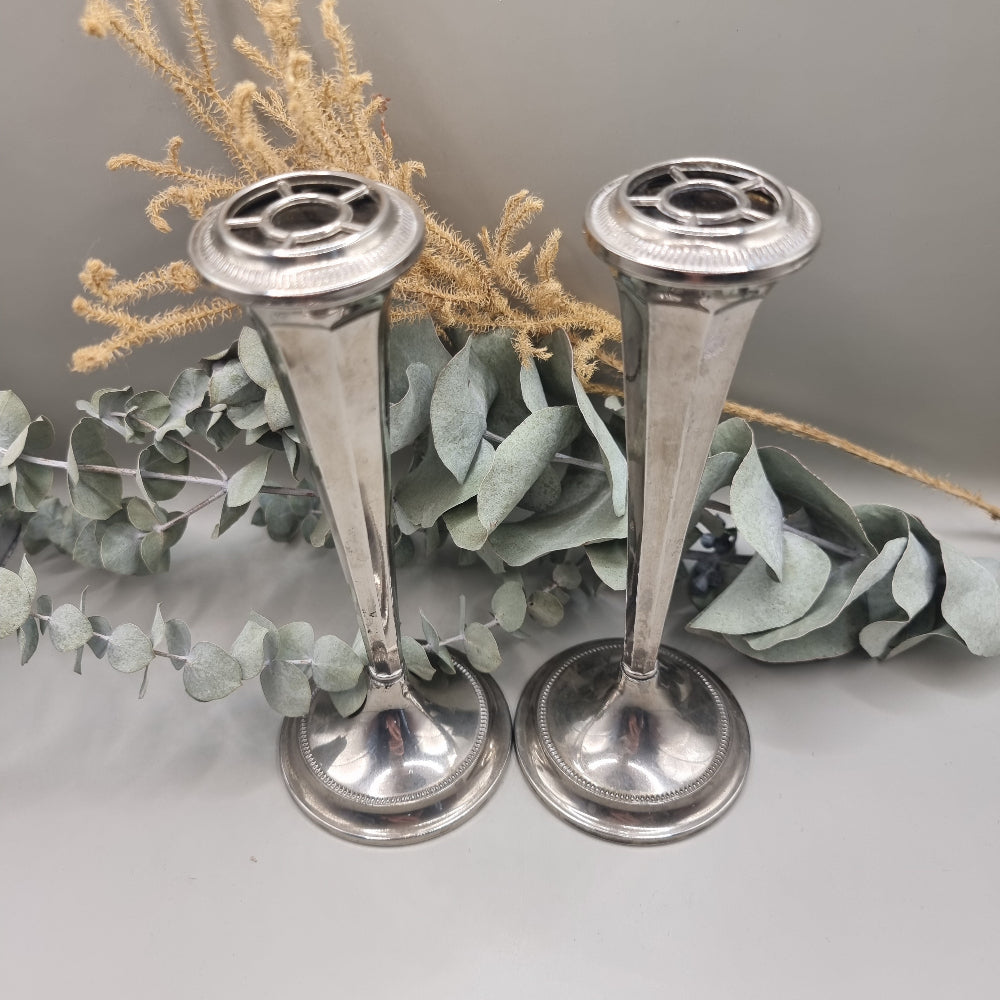 Vintage silver plated bud vase duo - octagonal shape with beaded base and flower frog top