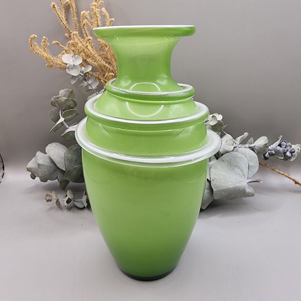 Hand blown green glass vase with white detail