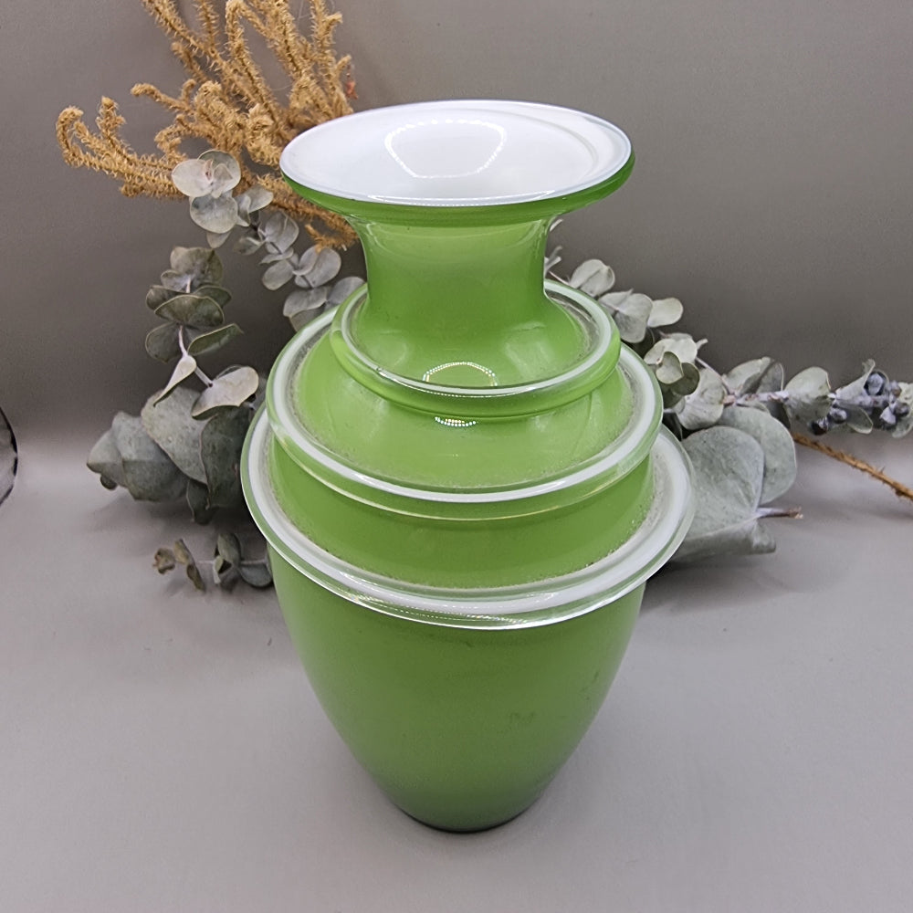 Hand blown green glass vase with white detail