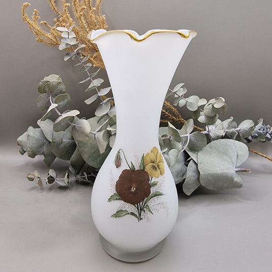 Vintage Japanese milk glass vase with Pansies