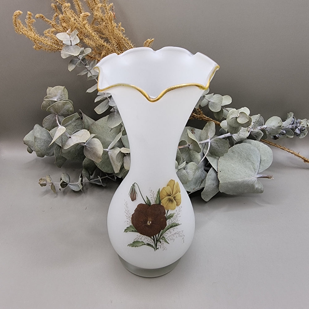 Vintage Japanese milk glass vase with Pansies