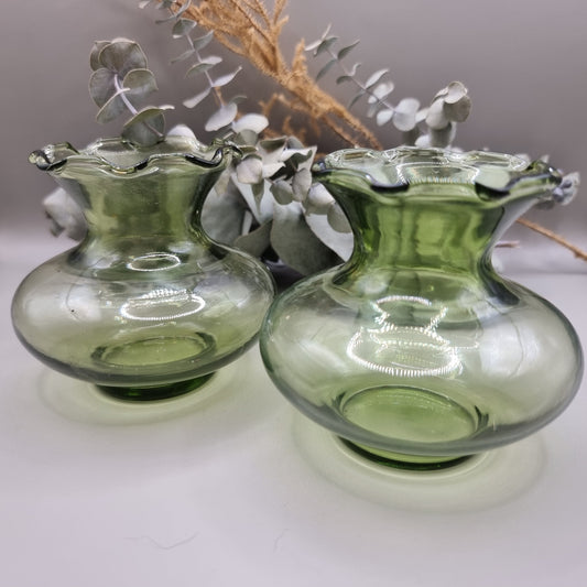 Pair of vintage green glass vases with fluted rim