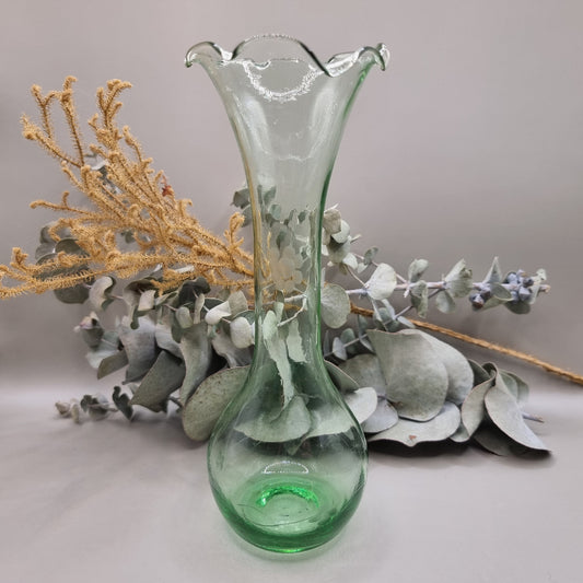 Vintage etched green glass vase with fluted rim