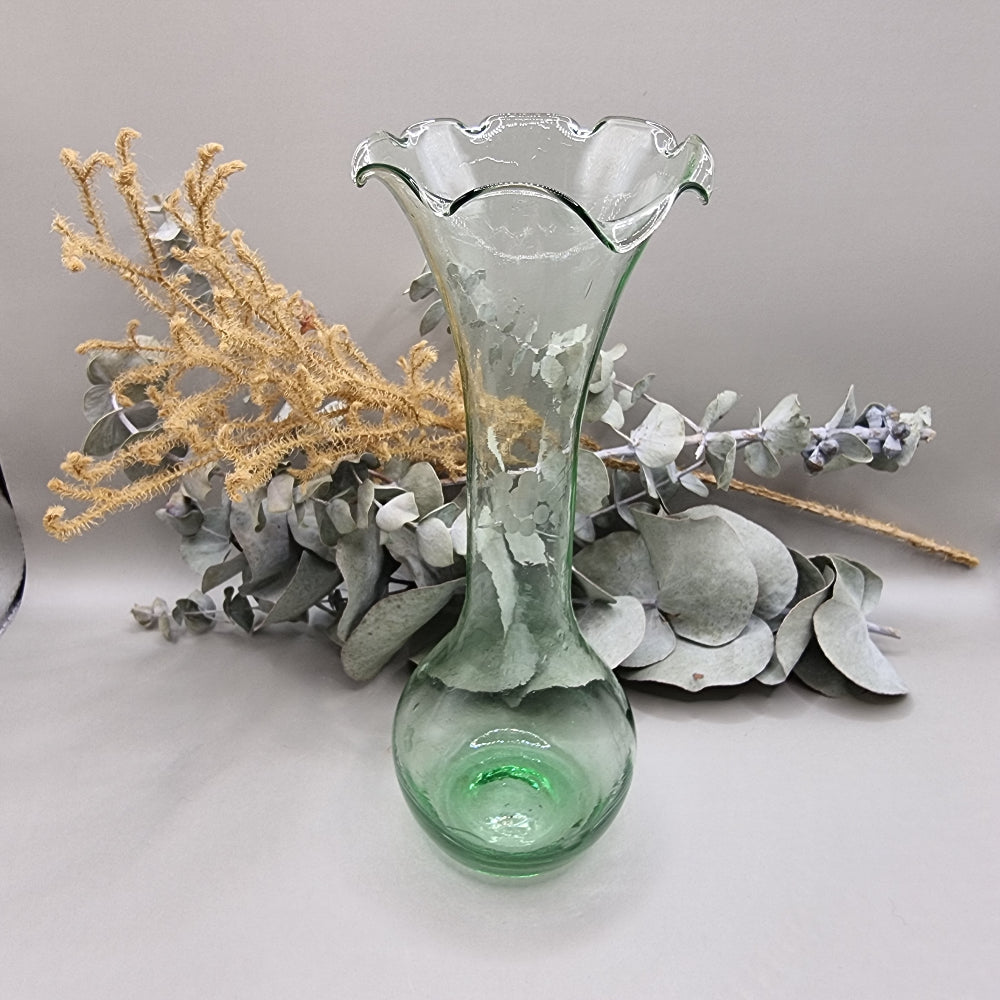 Vintage etched green glass vase with fluted rim