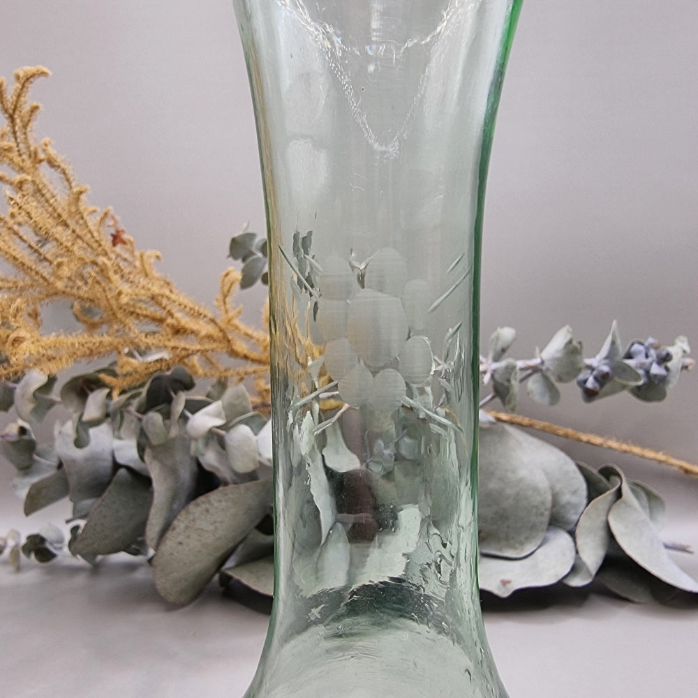 Vintage etched green glass vase with fluted rim