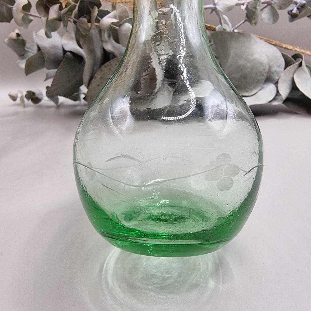 Vintage etched green glass vase with fluted rim