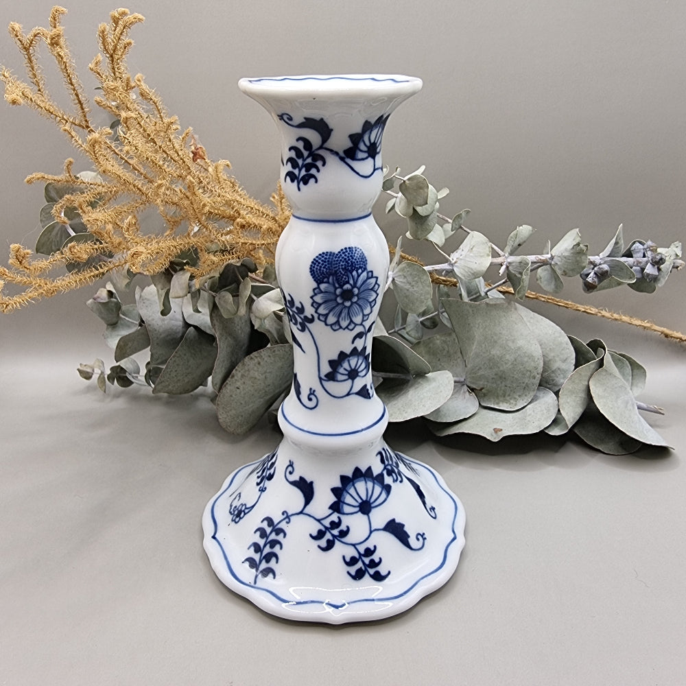 Blue Danube porcelain candle holder with floral onion pattern in blue on white.