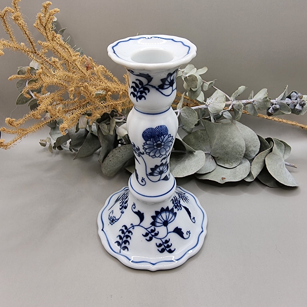 Blue Danube porcelain candle holder with floral onion pattern in blue on white.