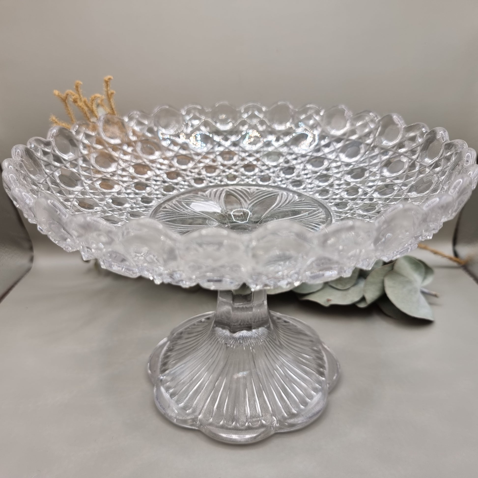 Hobnail pressed glass pedestal compote dish with scalloped edge