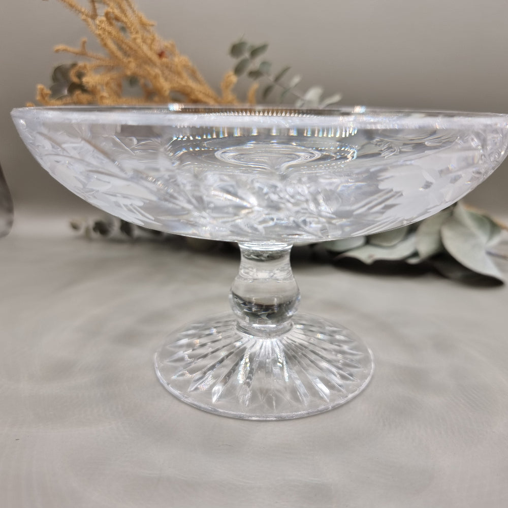 Etched glass pedestal dish with floral and leaf pattern and fluted base