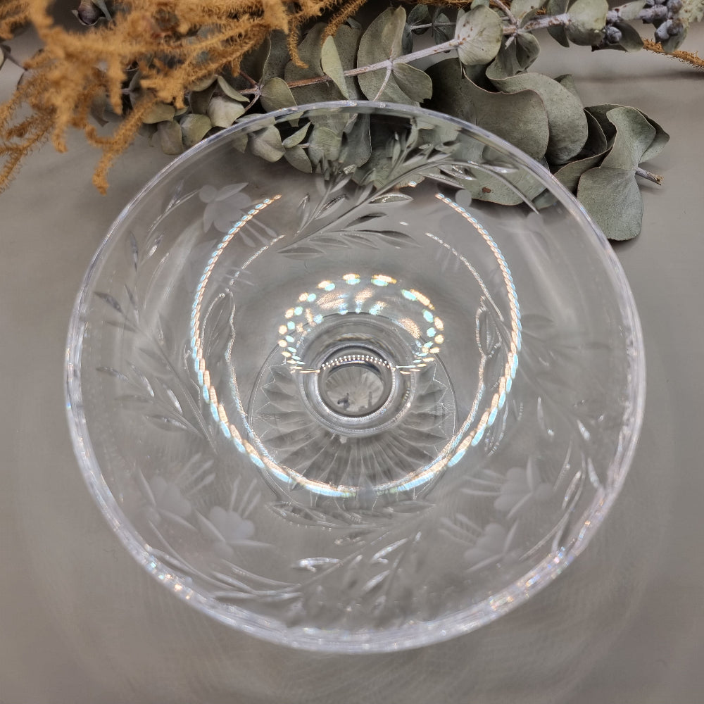 Etched glass pedestal dish with floral and leaf pattern and fluted base
