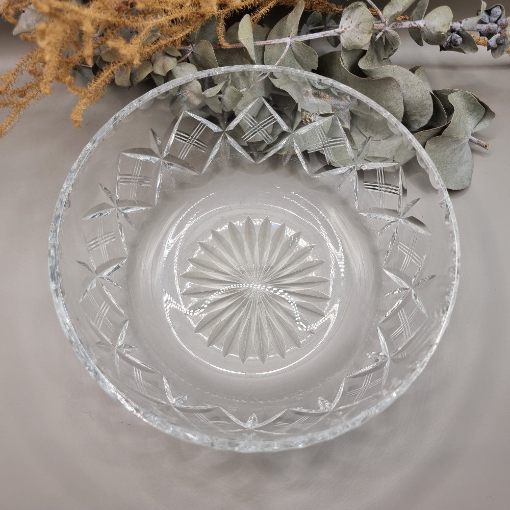 Deep pressed glass bowl with crosshatch pattern and starburst base