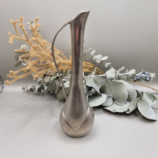 Vintage silver-plated slender vase with curved handle and tall neck