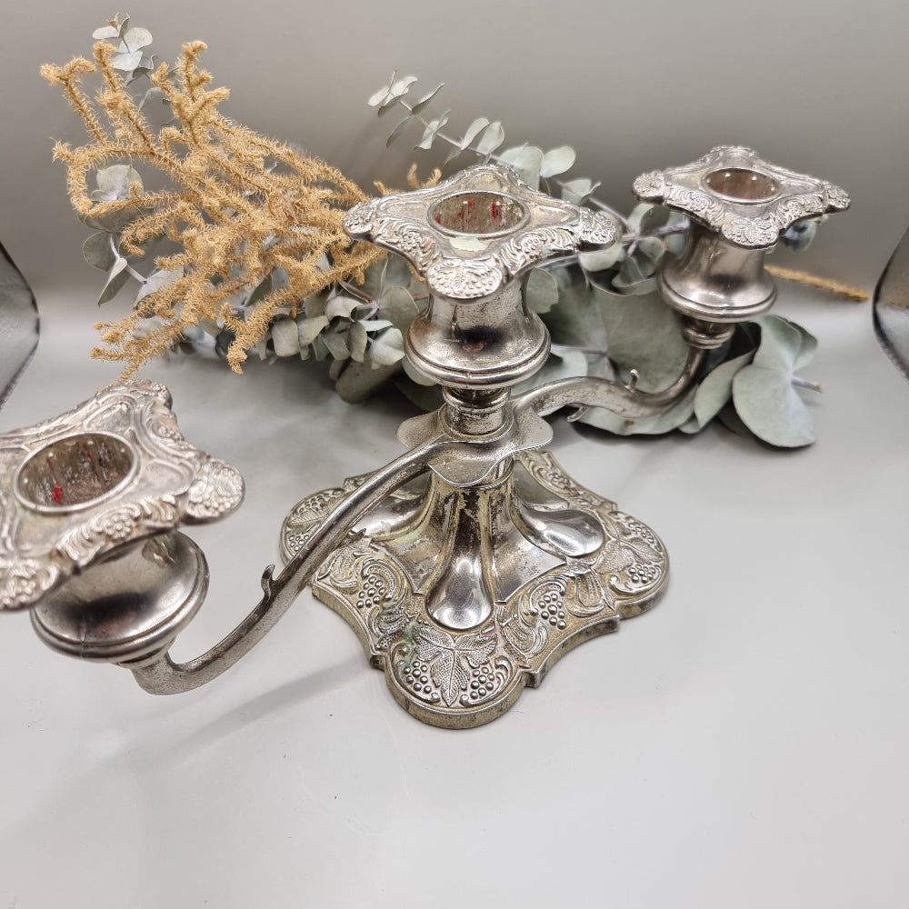 Vintage silver-plated 3 arm candelabra with ornate grape and floral detail