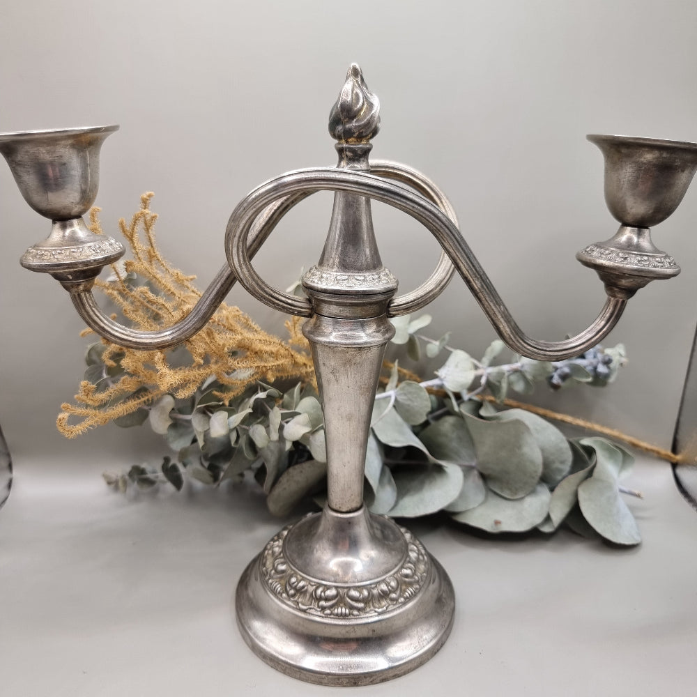 Vintage silver-plated 2 arm candelabra with ornate base and flame finial