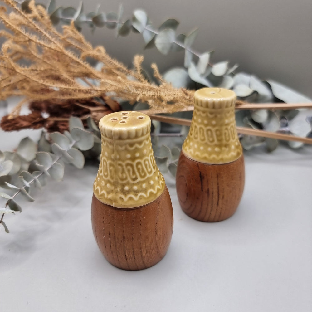 1970's vintage wood and ceramic salt and pepper shakers