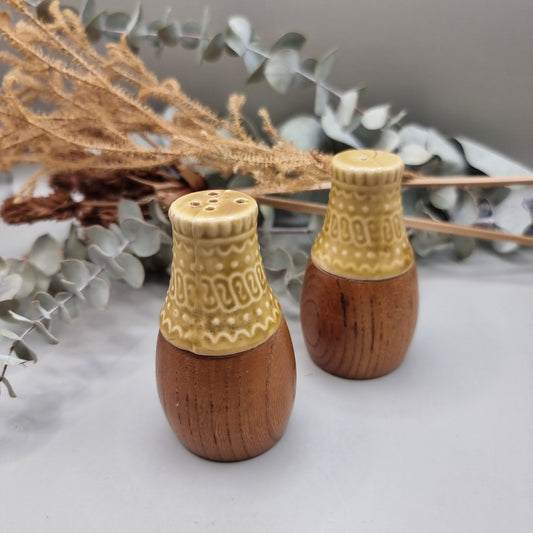 1970's vintage wood and ceramic salt and pepper shakers