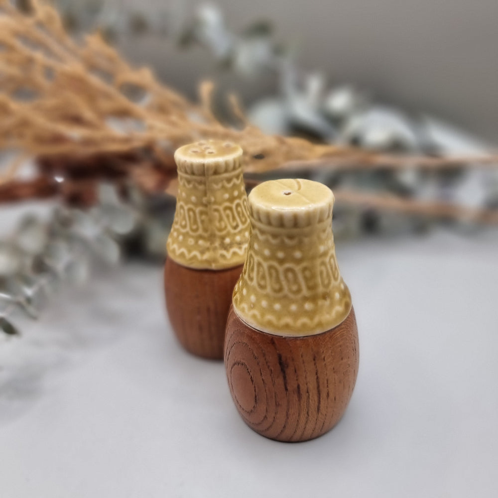 1970's vintage wood and ceramic salt and pepper shakers