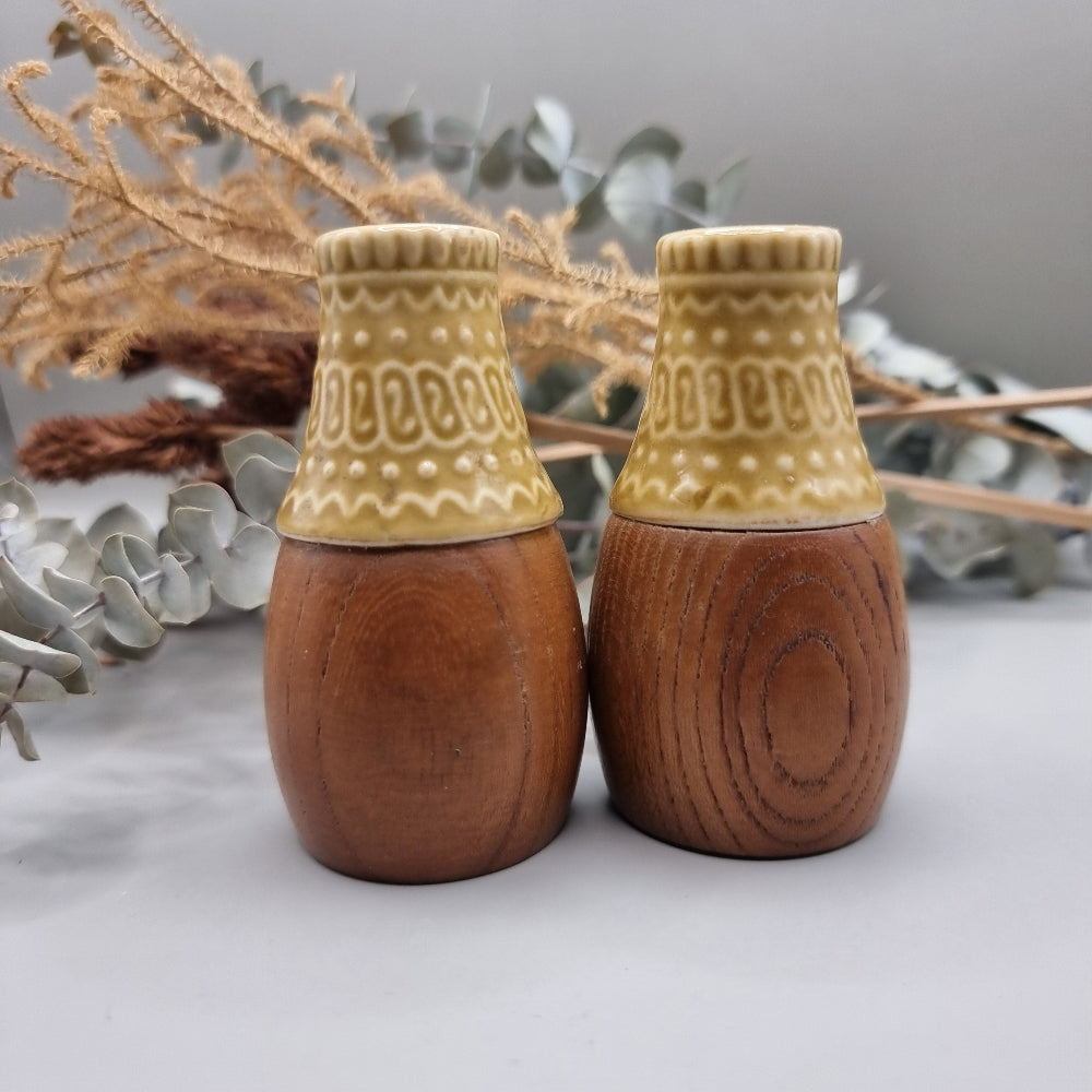 1970's vintage wood and ceramic salt and pepper shakers