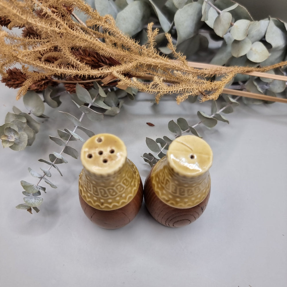 1970's vintage wood and ceramic salt and pepper shakers