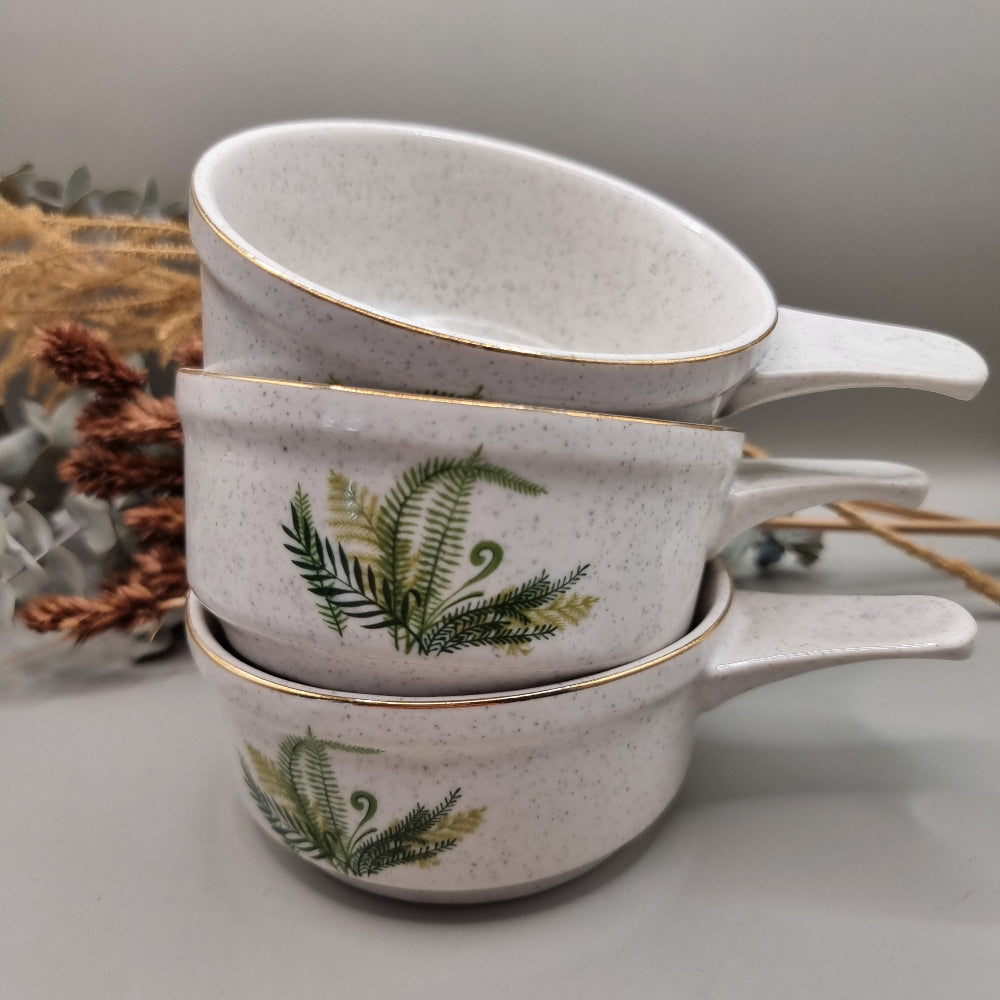 Set of 6 vintage soup bowls with fern print and gold rim.