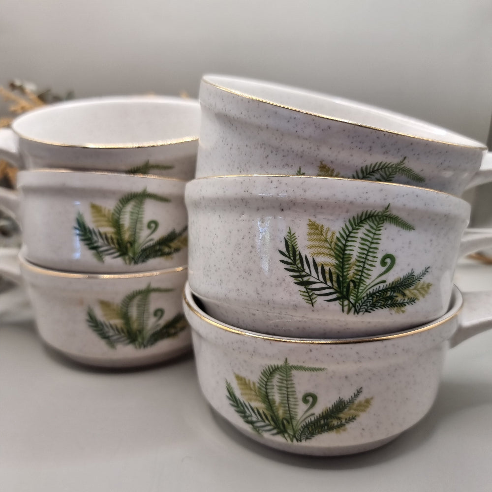 Set of 6 vintage soup bowls with fern print and gold rim.