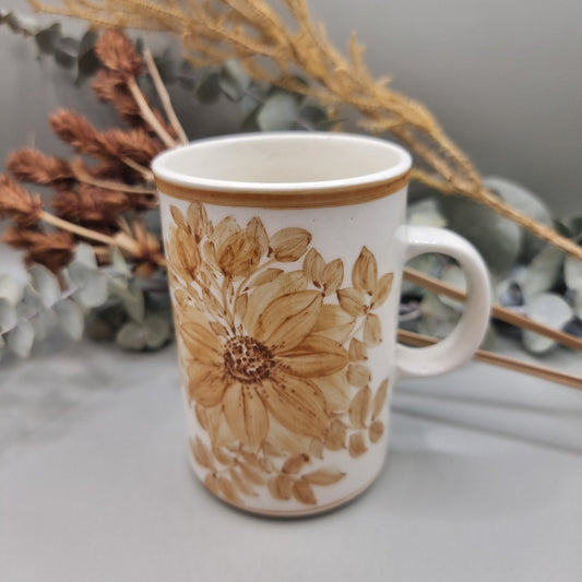 Jersey Pottery vintage mug with hand-painted brown floral design and white glaze