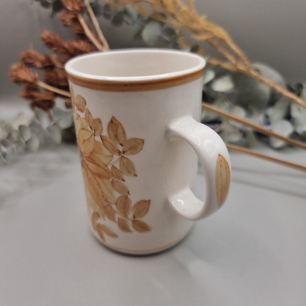 Jersey Pottery vintage mug with hand-painted brown floral design and white glaze