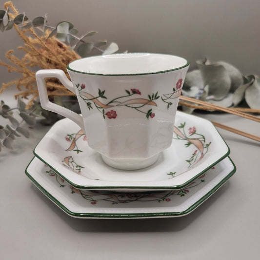 Johnson Bros trio with octagonal shape, green trim and ribbon vine floral design.