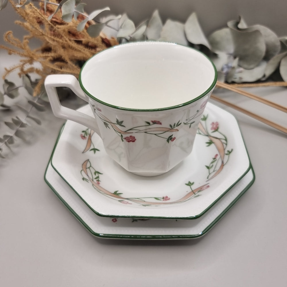 Johnson Bros trio with octagonal shape, green trim and ribbon vine floral design.