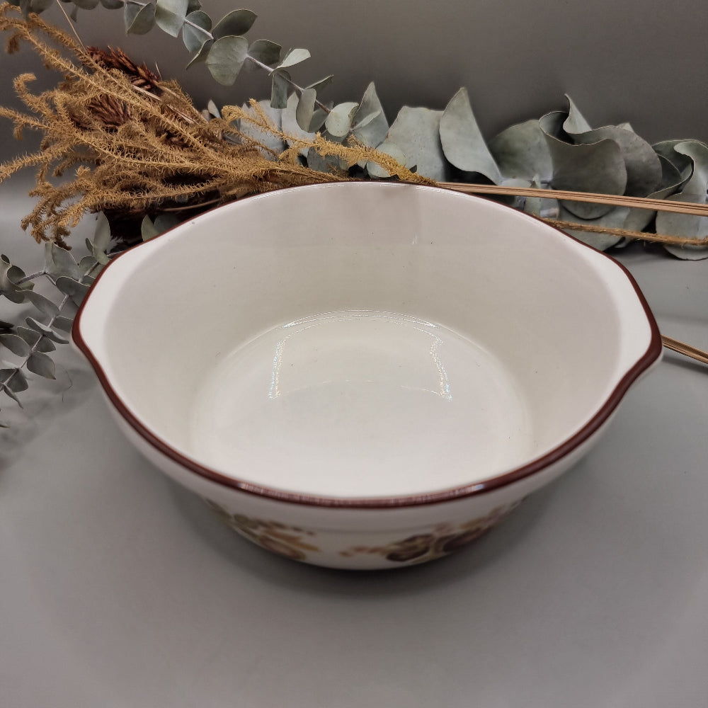 Ceramic bowl with autumn fruit and floral motif and brown rim
