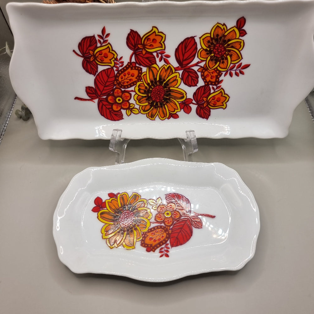 Set of two Westminster Sierra serving plates with bright red and orange 70s floral design