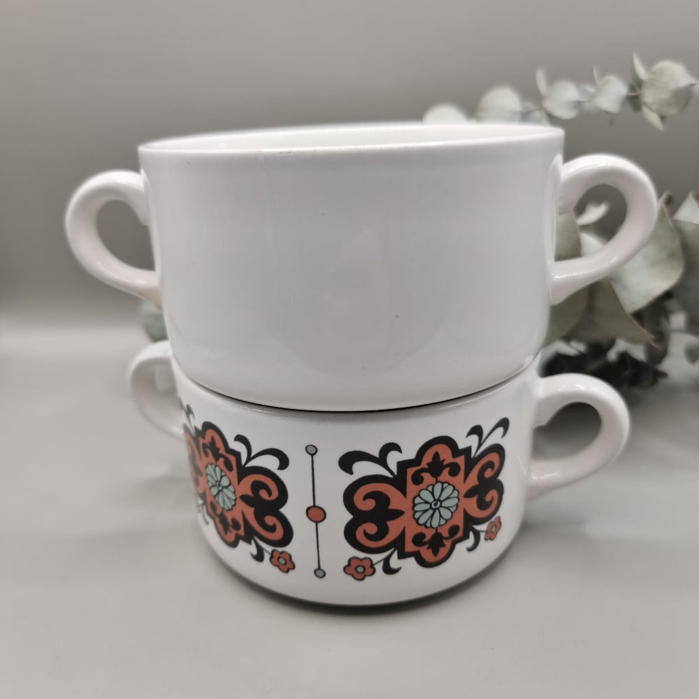 Set of 2 soup bowls with retro orange and brown floral pattern.