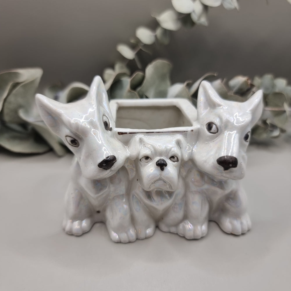 Vintage ceramic dog planter with lustre glaze featuring three dogs – two Scotties and a bulldog
