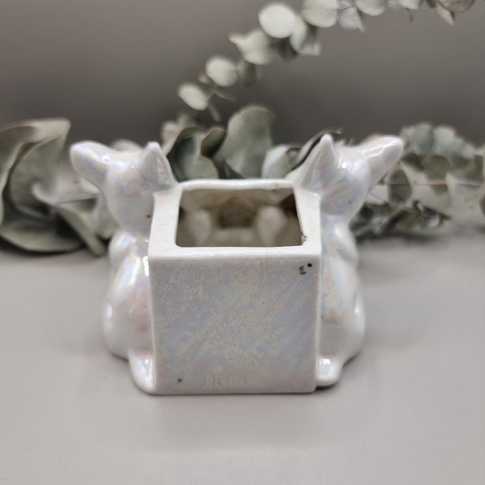 Vintage ceramic dog planter with lustre glaze featuring three dogs – two Scotties and a bulldog