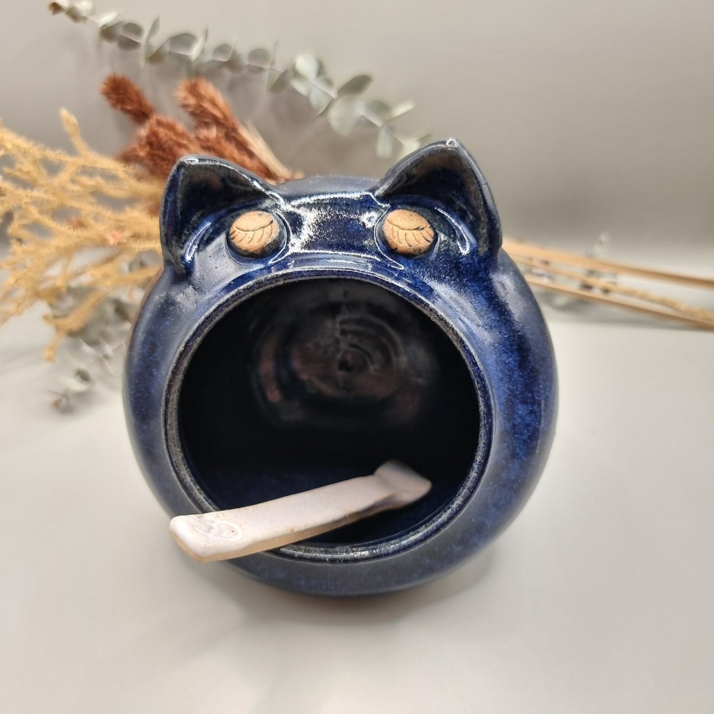 Midnight blue ceramic salt pig with spoon