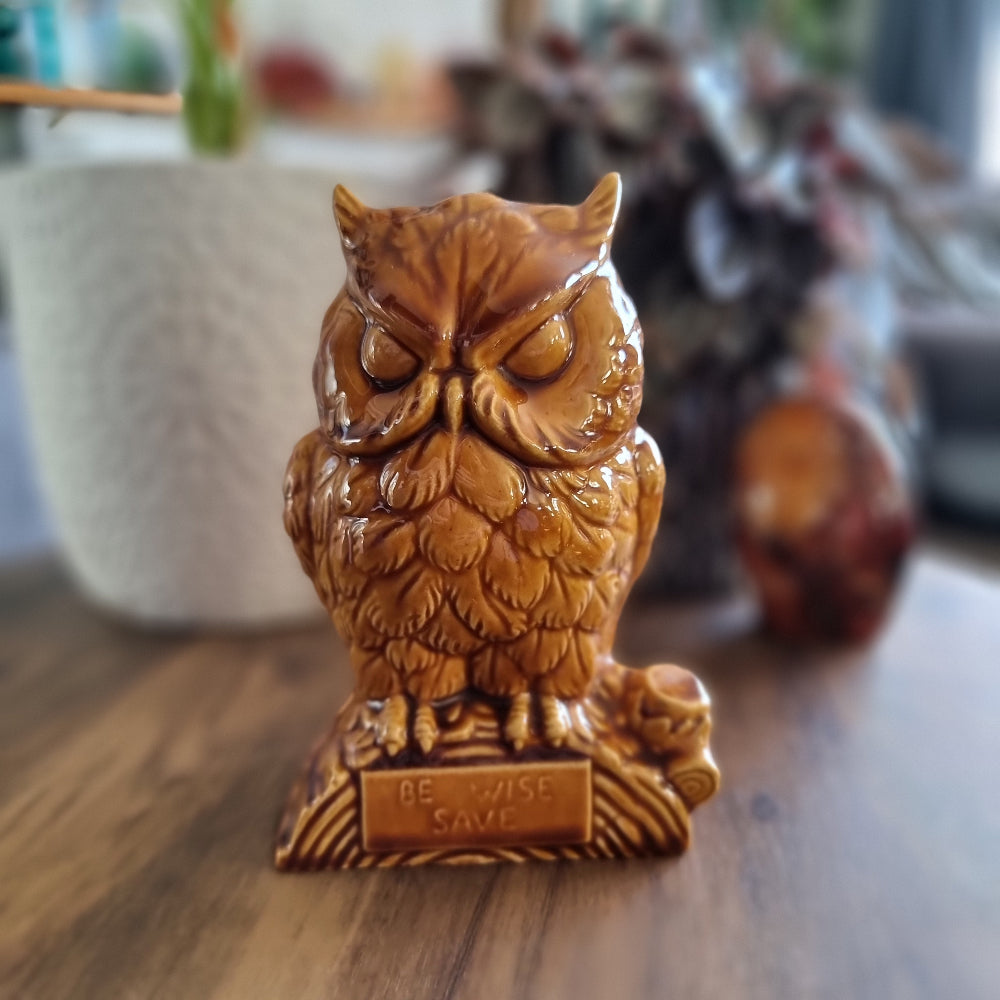 Vintage ceramic owl money box with "Be Wise Save" text in glossy caramel glaze