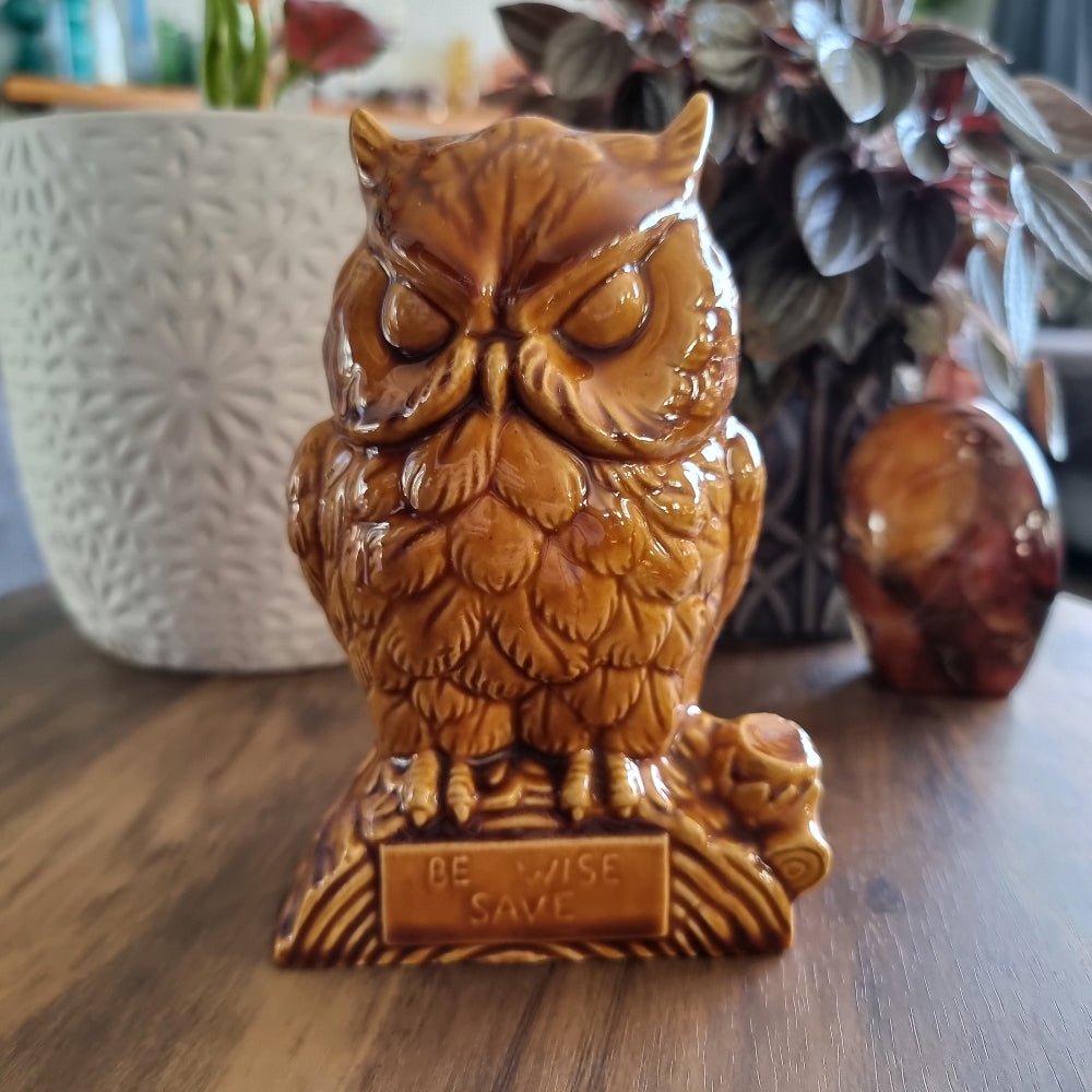 Vintage ceramic owl money box with "Be Wise Save" text in glossy caramel glaze