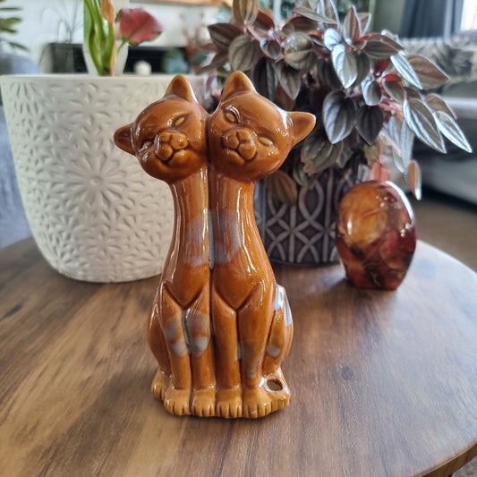 Vintage ceramic twin cat figurine in caramel glaze with soft grey accents, once a pen holder