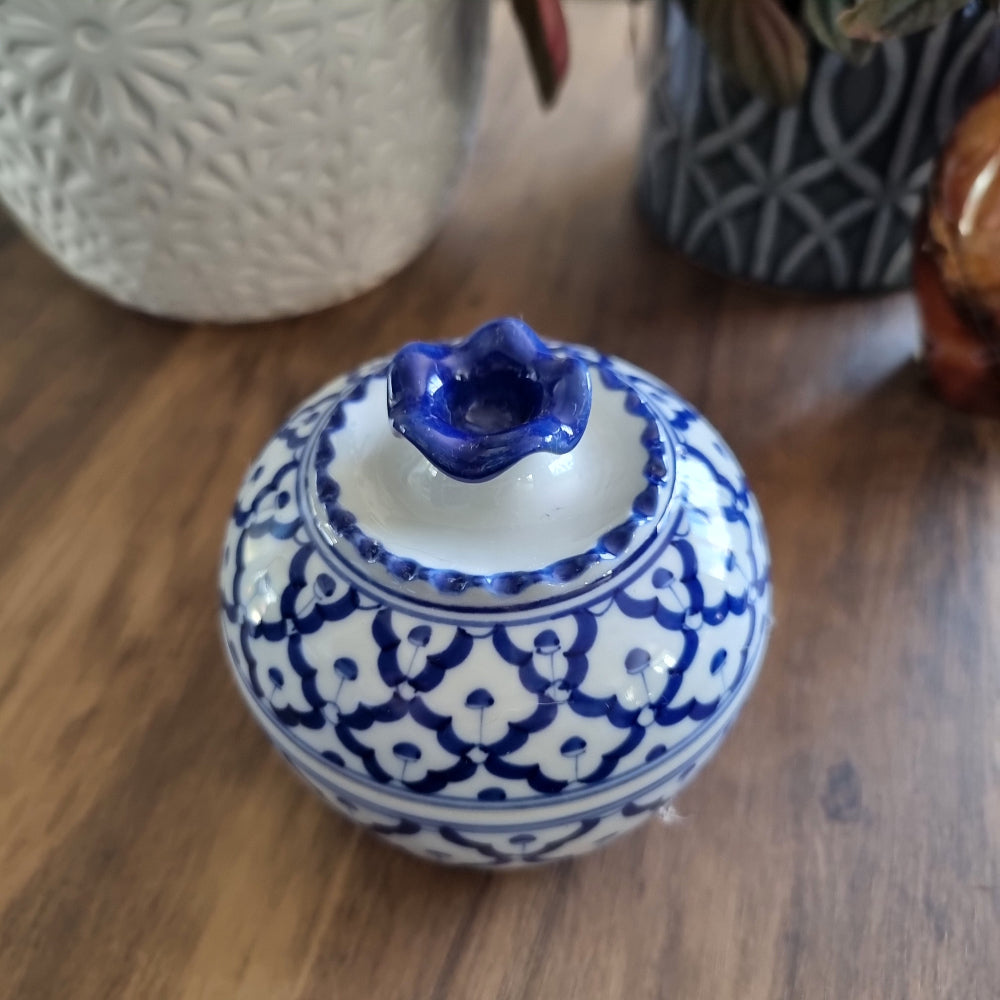 Blue and white hand-painted porcelain lidded pot with scalloped lid, made in Thailand